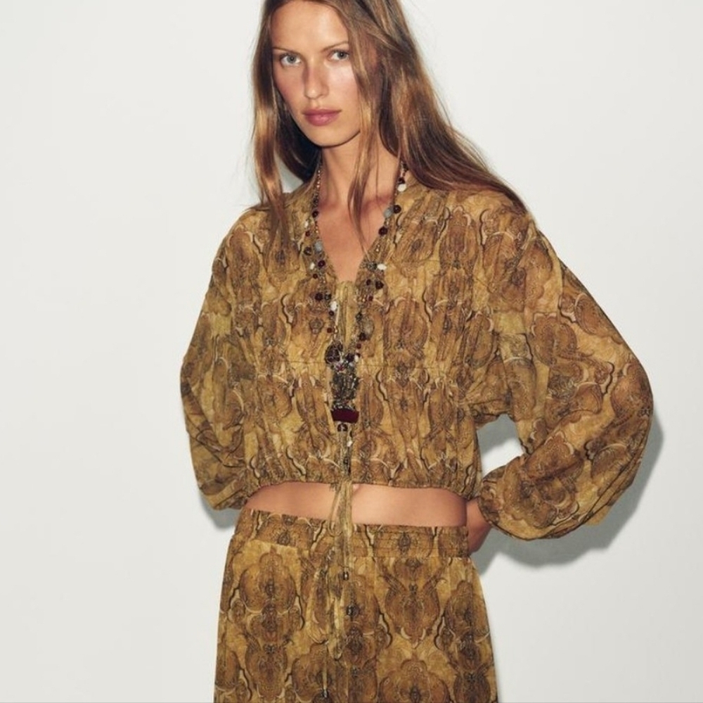 NWT ZARA Floral Sheer Patterned Tie-Front Blouse In Tan/Gold - S - Picture 2 of 11